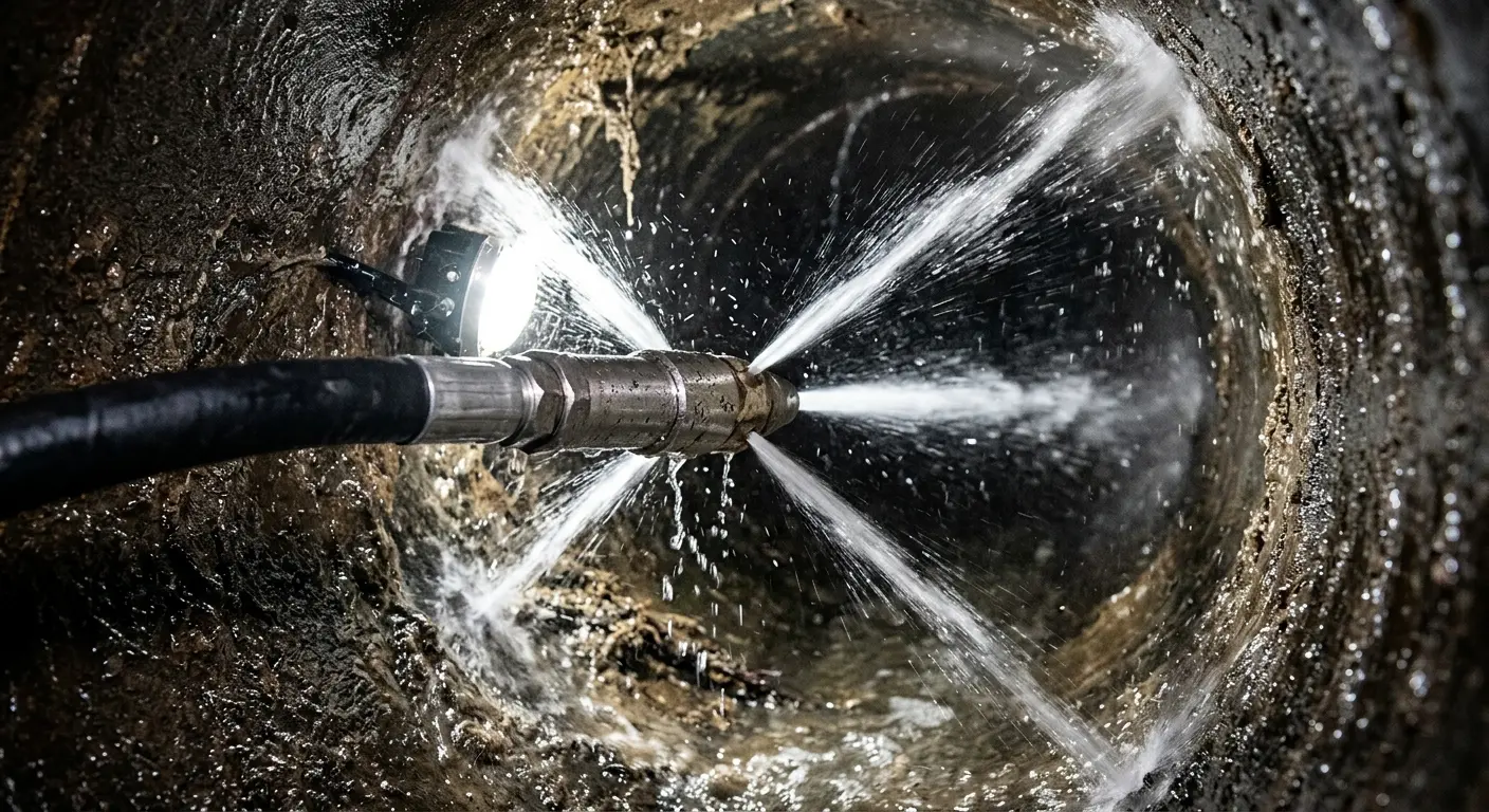 High-pressure hydro jetting nozzle cleaning sewer pipe for Sewer Cleanout in Duluth