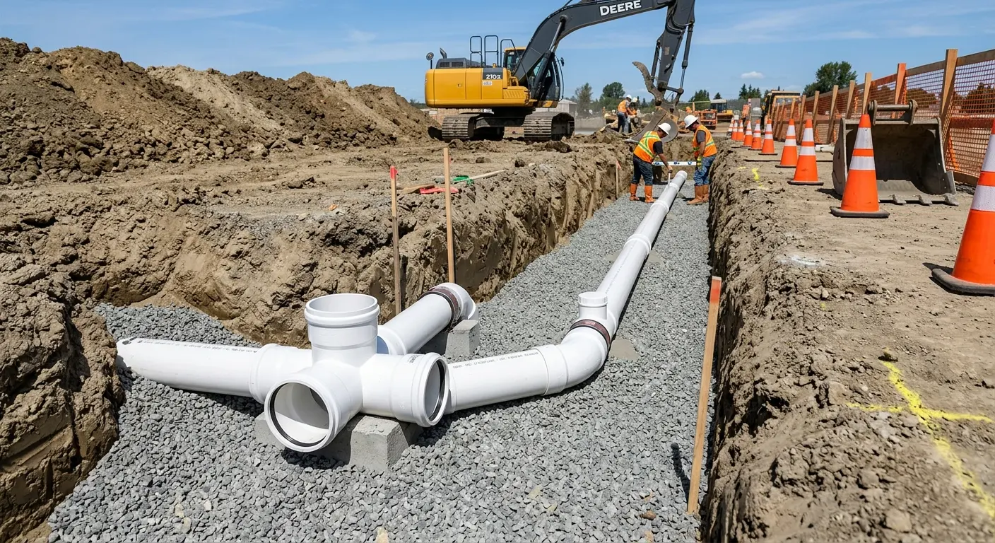 New PVC sewer pipe installation in open trench for Sewer Camera Inspection in Duluth