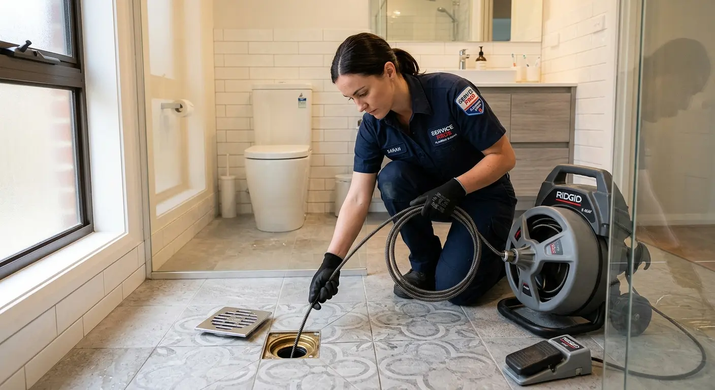 Technician clearing a bathroom floor drain for Sewer Line Installation in Duluth